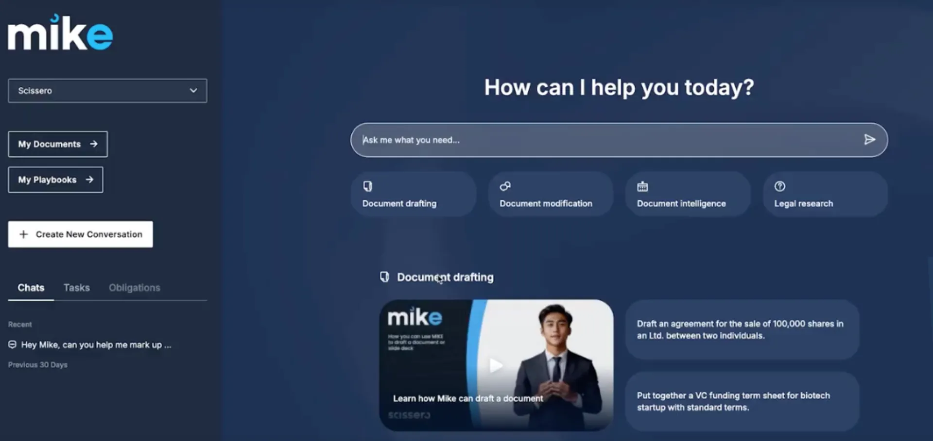 Screenshot of MIKE, Scissero's AI legal assistant, prompting the user with document drafting, modification, intelligence, and legal research options